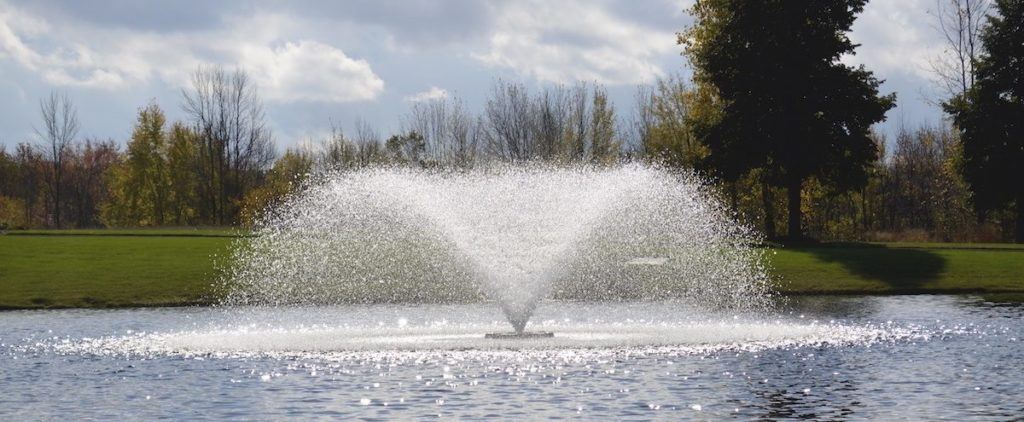 Beautiful fountain splashing in the park pond on a summer day